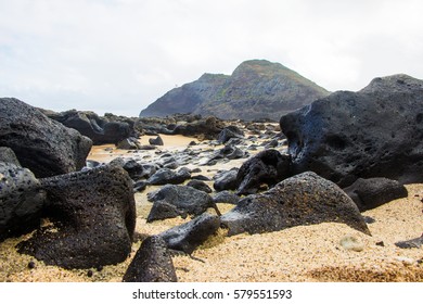Beach with mountain background.