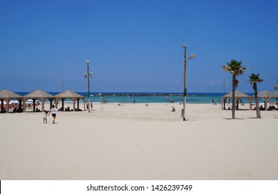 Beach near the sea and tourist promenade in Tel-Aviv, Israel 