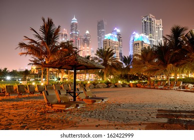 Beach Night Illumination Of The Luxury Hotel, Dubai, UAE