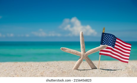 Beach, Ocean, Starfish, American flag. Summer vacations. Atlantic Ocean. Florida paradise. Sunny day. Beautiful Turquoise color of ocean salt water. Tropical nature. Seascape concept for travel agency - Powered by Shutterstock