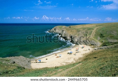 Beach on craggy coastline, Sinemorets, Black Sea coast, Bulgaria, Europe