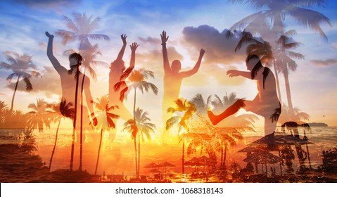 Beach Party, Group Of Friends Having Fun Together In Sea, Silhouettes Of Young Happy People Dancing, Double Exposure Banner