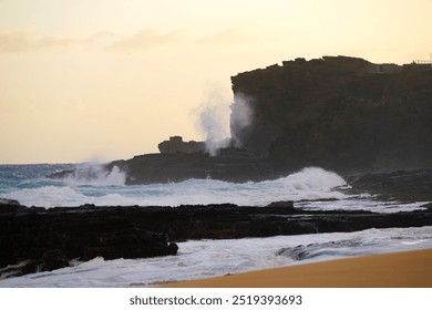 Beach Picture Getaway Vacation Destination Beautiful Sunset Sky Blowhole Waves Rock Formations - Sandy Beach Honolulu Hawaii - Powered by Shutterstock