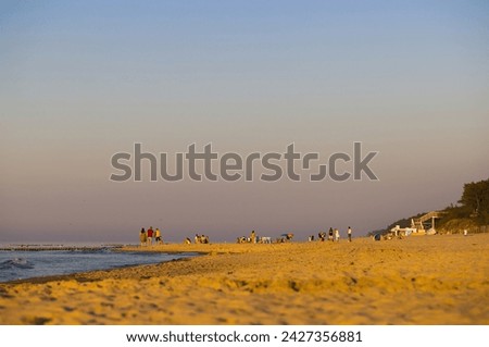 A beach in Mrzeżyno, Poland, captured during the golden hour, beautifully illuminated by warm sunlight. People strolling and sunbathing, clear sky, vegetation on dunes, stairs leading to the beach.