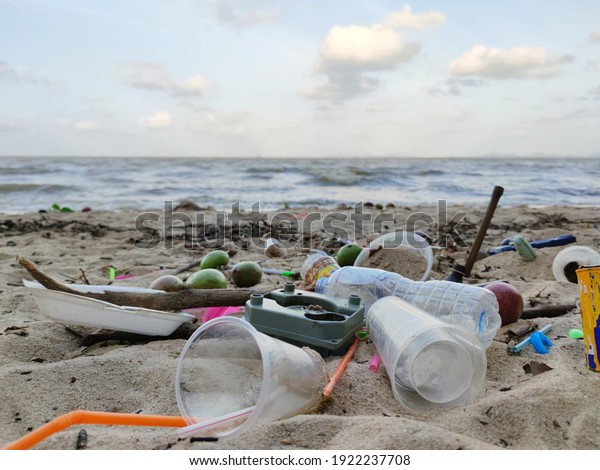Beach pollution. Plastic bottles\
and other trash on sea beach. Ecological concept. earth day\
concept. globe pollution. Garbage on beach. Plastic at the\
ocean.