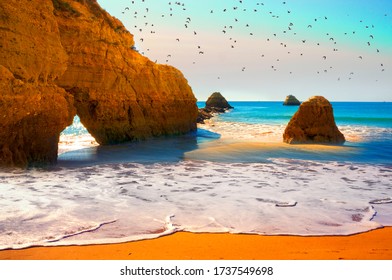 beach in  Portimao is a favorite vacation spot for the Portuguese and visiting Europeans. Clean sand, warm sea and beautiful cliffs on the coast attract tourists. A flock of seagulls over a rock. - Powered by Shutterstock