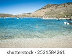 The beach at Porto Palermo near the castle south of the coastal town of Himare, Albania.