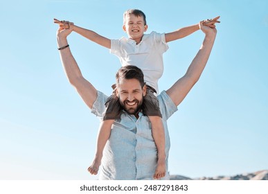 Beach, portrait and father with child on shoulders for holiday, vacation and adventure outdoor. Family, travel and dad with boy by ocean for bonding, relationship and fun trip by sea to relax - Powered by Shutterstock