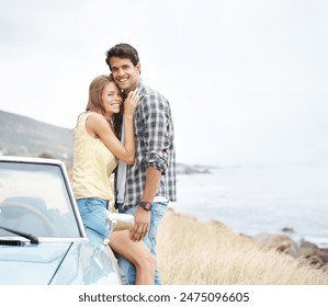 Beach, portrait or happy couple hug on road trip on holiday together for break, love or adventure in nature. Memory, convertible or people in car vehicle for outdoor vacation for journey or honeymoon - Powered by Shutterstock