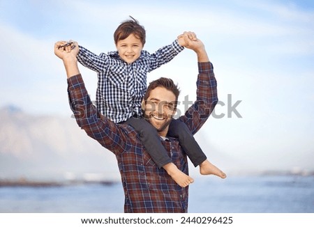 Beach, portrait and happy man with child on shoulders, smile and mockup space on outdoor adventure. Support, face of father and son in nature for fun, bonding and trust on ocean holiday together
