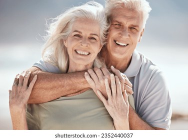 Beach portrait, hug and senior happy couple relax for outdoor wellness, nature freedom or travel holiday. Love, care and elderly woman, old man or marriage people hugging on romantic vacation date - Powered by Shutterstock