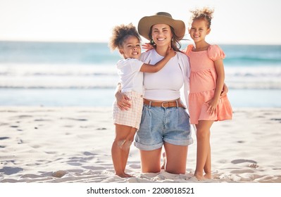 Beach, Portrait And Mother With Children On Sand For Puerto Rico Holiday Together With Family. Happy Mom And Interracial Kids Bonding Time To Relax And Rest On Summer Ocean Travel Vacation.