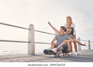 Beach, promenade and women with skateboard, friends and playful with happiness, smile and excited. People, seaside and girls skating, activity and hobby with summer holiday, vacation and getaway trip - Powered by Shutterstock