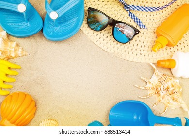 Beach Ready, Summer Holiday Vacation Accessories On Sandy Beach