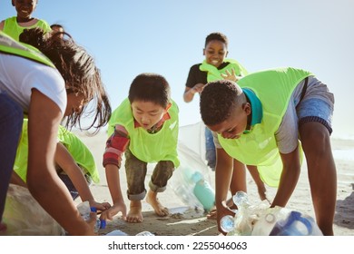 Beach, recycle and group of children cleaning the environment for volunteer, charity or ngo support, help and teamwork. Diversity friends or students recycling plastic for pollution or earth day - Powered by Shutterstock