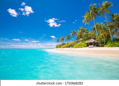 Beach resort landscape, tropic surf and horizontal sea as summer holiday vacation. Relax luxury hotel beach background. Amazing sea view blue sea, exotic travel destination. Palm tree white sand vibes