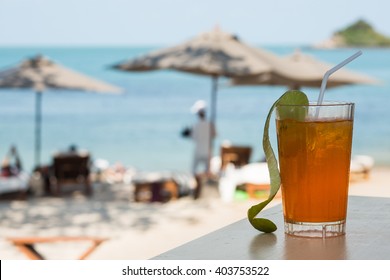 Beach Restaurant With Sea View, Glasses, Plates, Food, Tropical Cocktail With Ice