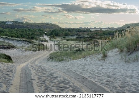 A beach road winds through the dunes on Cape Cod heading towards a secluded beach on the National Seashore.