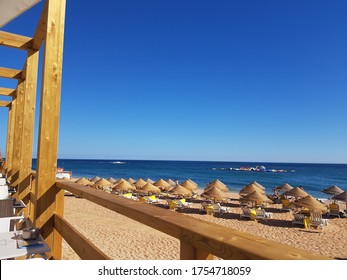 Beach Rocs And Umberella Portugal Blue 