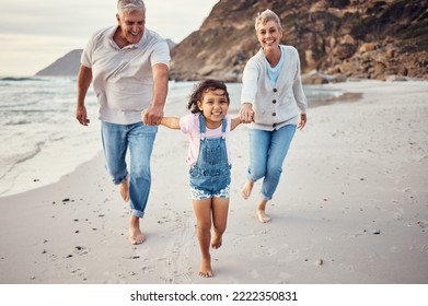 Beach, Running And Child Holding Hands With Grandparents For A Lovely Bonding Experience On Holiday Vacation. Happy, Grandmother And Old Man Having Fun Enjoying An Exercise With A Kid As A Family