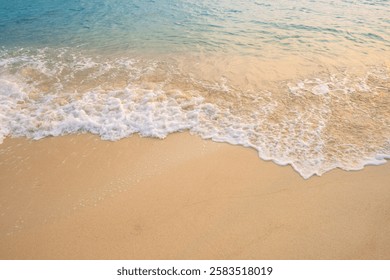 Beach sand background for summer vacation concept. Beach nature and summer seawater with sunlight light sandy beach Sparkling sea water 