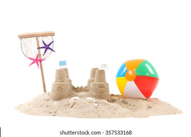 Beach With Sand, Fishing Net And Toys Isolated Over White Background