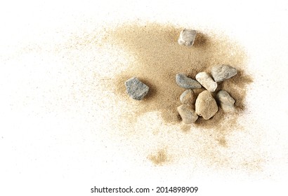 Beach Sand Pile With Rocks Isolated On White Background And Texture, Top View