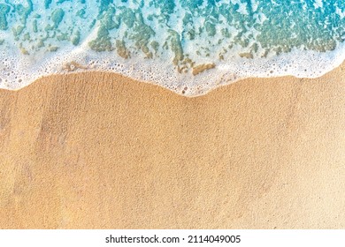 Beach Sand Sea Shore With Blue Wave. Aerial Beach Top View Overhead Seaside.