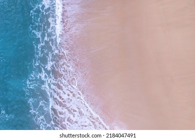 Beach Sand Sea Shore And Waves White Foamy Summer Sunny Day Background.Amazing Beach Top Down View Overhead Seaside Nature Background