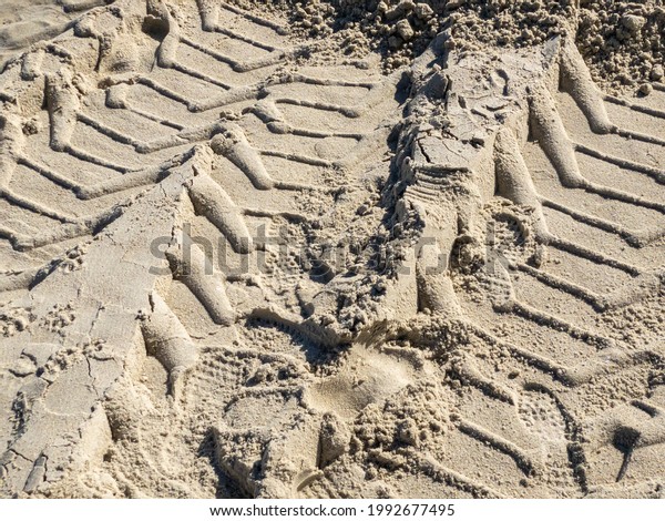 Beach sand with tractor tire mark. Background\
abstract texture.