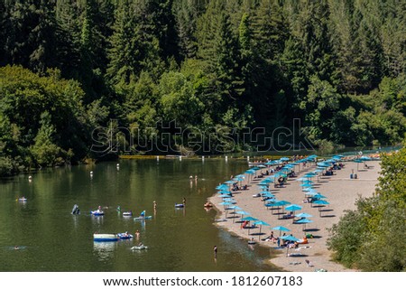 Beach scene with colorful umbrellas set apart for Social Distancing at Johnson's Beach, Guerneville, California, on the Russian River. 