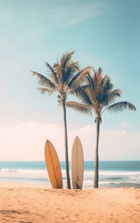 A Beach Scene With Palm Trees And Surf Boards Standing Up In The Sand. Muted Colors, Soft Colors, Blue, Tan, Orange, Green, White. 