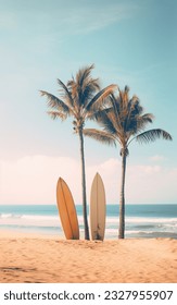 A beach scene with palm trees and surf boards standing up in the sand. Muted colors, soft colors, blue, tan, orange, green, white. 