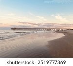 Beach scene with sand clouds pier boardwalk, coast scene, pier, boardwalk, serene coastal scen