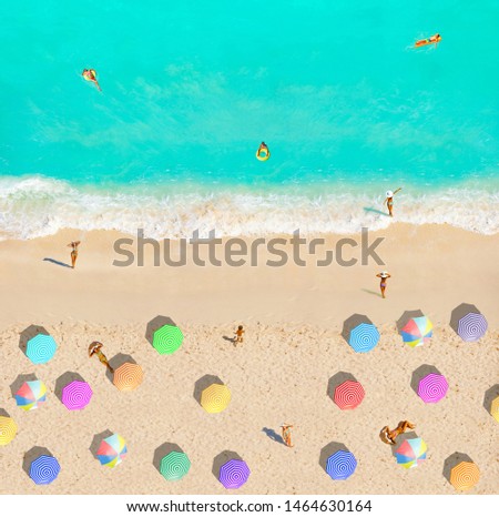Beach and sea from above happy people sunbath swim