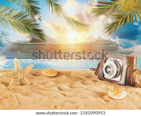 Beach with seashells, starfish, retro camera and a cruiseship