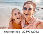 Beach, selfie and portrait of women on summer, vacation or trip, happy and smile on mockup background. Travel, face and freedom by friends hug for photo, profile picture or social media post in Miami