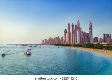 Beach And Skyline Of Dubai Marina