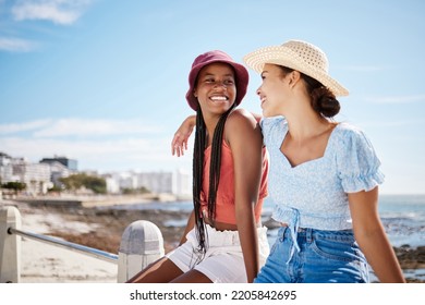 Beach smile, travel summer and friends happy on a holiday in nature of Miami, excited about vacation time together and talking by the ocean. Mockup of African women in communication by the sea - Powered by Shutterstock