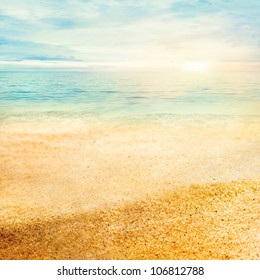 Beach Summer Background  With Fine Golden Sand, Sunset, Sea And Copyspace