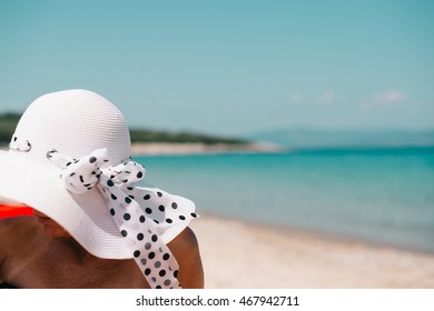 Beach Summer Holiday Background Sea Ocean Water Blue Green Woman Floppy Hat Bow