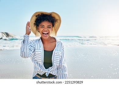 Beach, summer and portrait of black woman with smile on holiday, vacation and weekend by ocean. Travelling lifestyle, nature and happy girl laugh, relaxing and enjoying adventure, freedom and fun - Powered by Shutterstock