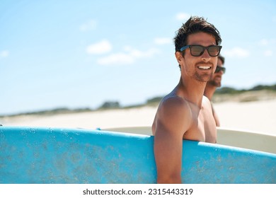 Beach, summer and surfboard with man friends outdoor together for travel, vacation or holiday trip overseas. Surfing, sea or fun with a young male surfer in sunglasses and friend bonding on the coast