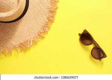 Beach Summer Travel Flat Lay Sun Glasses And Woman Hat  ,Top View Tourist Traveler Or Vacation Concept.