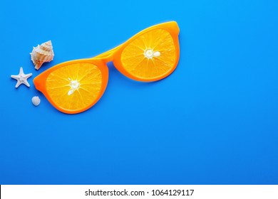 Beach Sunglasses On Blue Background, Summer Holiday Concept