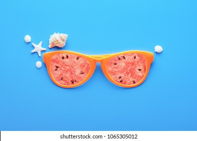 Beach Sunglasses On Blue Background, Summer Holiday Concept