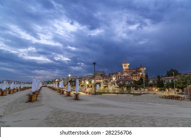 Beach Of Sunny Beach In Summer.Sunny Beach A Resort On The Bulgarian Black Sea Coast.