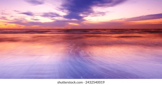 Beach, sunset and summer with clouds, view and drone for aesthetic and travel environment and sea. Beautiful sky, ocean and landscape in Miami, trip and vacation for nature and sunlight tranquility - Powered by Shutterstock