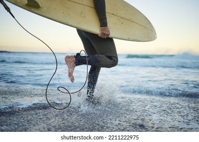 Beach, Surf Board And Surfer Man Walking In Water, Sports And Fitness On Weekend Evening. Freedom, Waves And Fun On Summer Holiday Australia. Health, Ocean Wave Splash And Ready For Surfing At Sunset