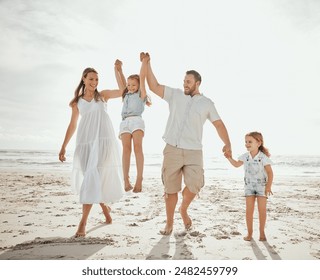 Beach, swing and kids with parents holding hands at sunset for morning games, freedom and adventure in nature. Support, lifting and happy family at ocean for travel, journey or fun bonding in Cancun - Powered by Shutterstock